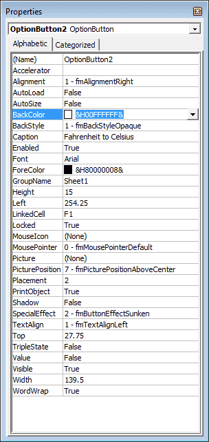 Propriétés configurables disponibles pour les boutons d'option (ou radio) dans Excel 2007 et Excel 2010.