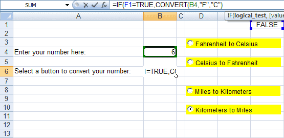 Exemple de la première partie de fonctions SI imbriquées effectuant une conversion dans Excel 2007 et Excel 2010.