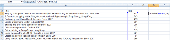Exemple de syntaxe de la fonction LARGE dans Excel 2007.