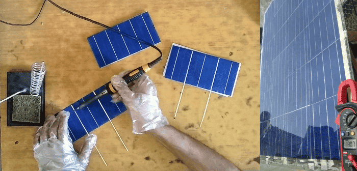 Le soudage du fil de tabulation sur les cellules solaires prend le plus de temps.  À droite : Test d'un panneau solaire DIY au soleil.