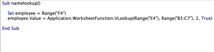 Il s'agit de l'exemple le plus simple créé pour exécuter un Vlookup dans VBA afin d'imiter ce que la fonction de feuille de calcul accomplit. 
