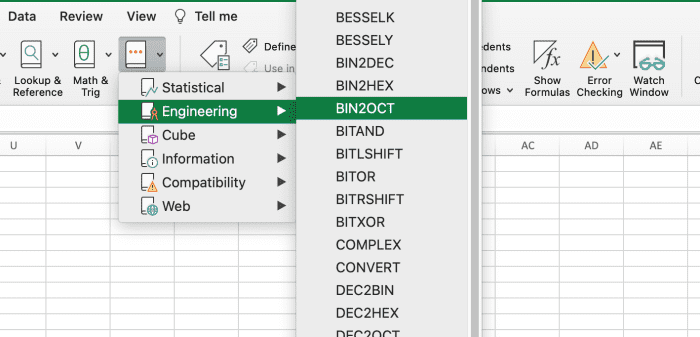 La fonction BIN2OCT est sélectionnée parmi une liste de fonctions parmi une liste de fonctions d'ingénierie. 