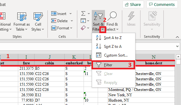 Les options de tri et de filtrage se trouvent sous l'onglet Accueil du ruban Excel. 