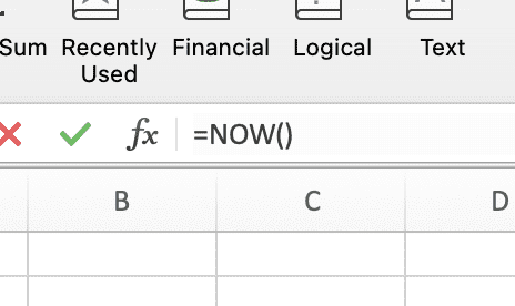 La fonction MAINTENANT est affichée dans la barre de formule Excel ci-dessus. 