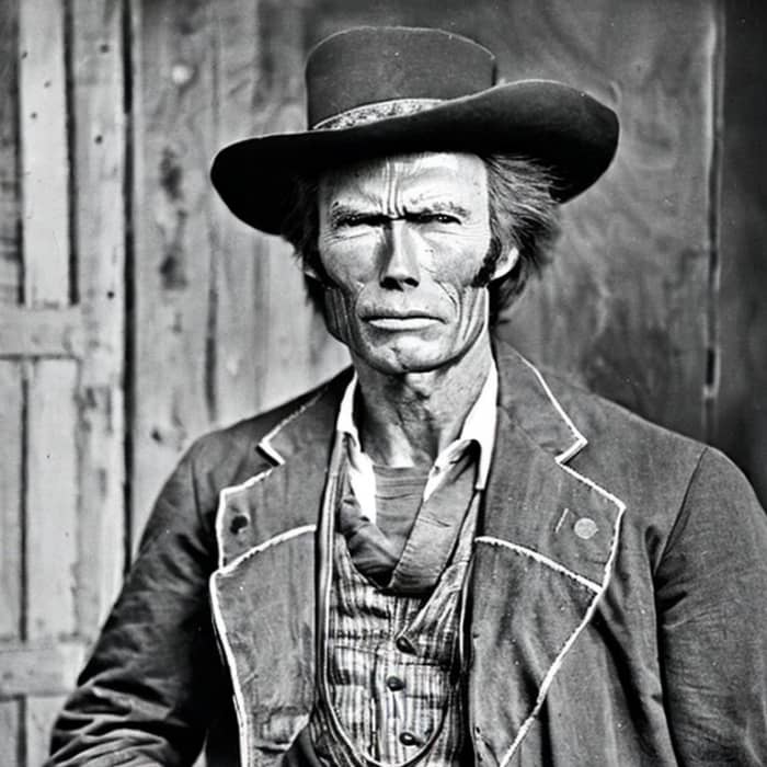 Image AI, vieille photo de Clint Eastwood déguisé en cow-boy.