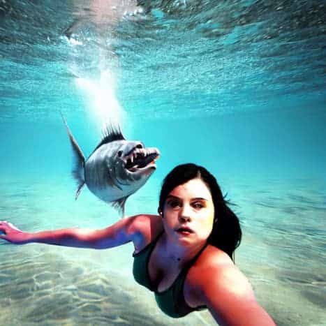 Inspiré du film Piranha 3D.  Image d'un piranha nageant vers une femme.