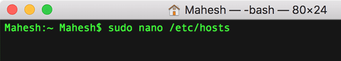 Écran du terminal avec commande : sudo nano /etc/hosts