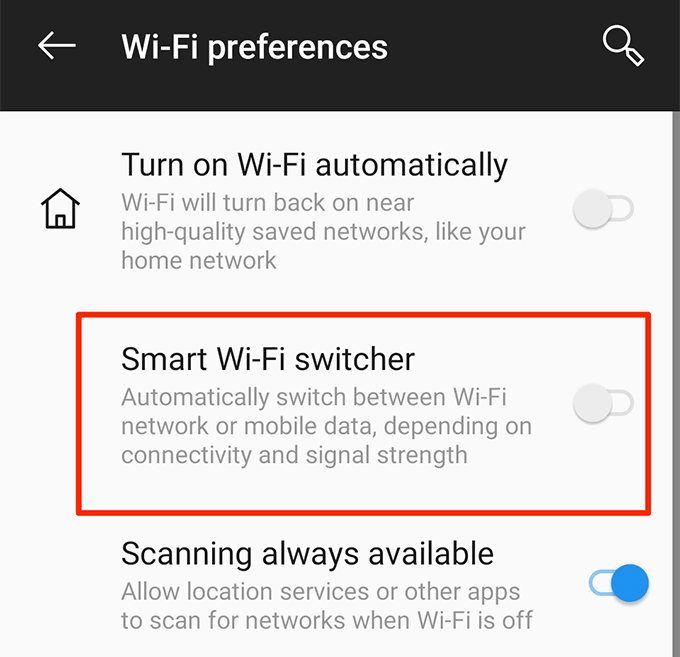 Le commutateur Wi-Fi intelligent est désactivé