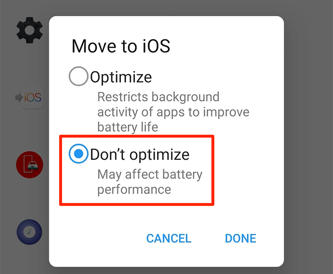 Ne pas optimiser l'option dans l'écran Déplacer vers iOS 